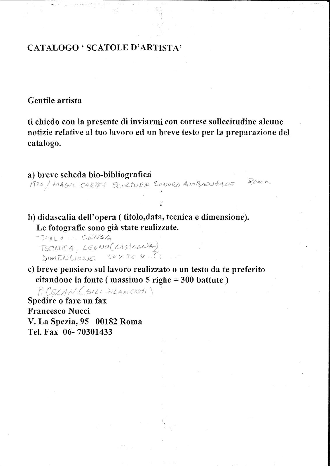 Scheda catalogo 'Scatole d'Artista' — Francesco Nucci