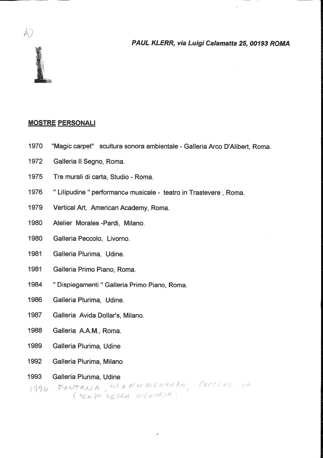 CV Paul Klerr — Mostre Personali (1970–1996)