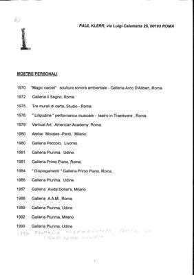 CV Paul Klerr — Mostre Personali (1970–1996)