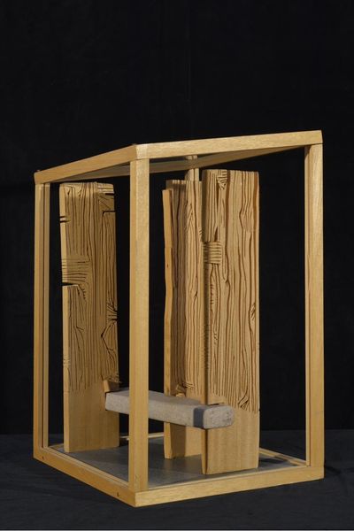 Carved wood and peperino in glass case (view 2)